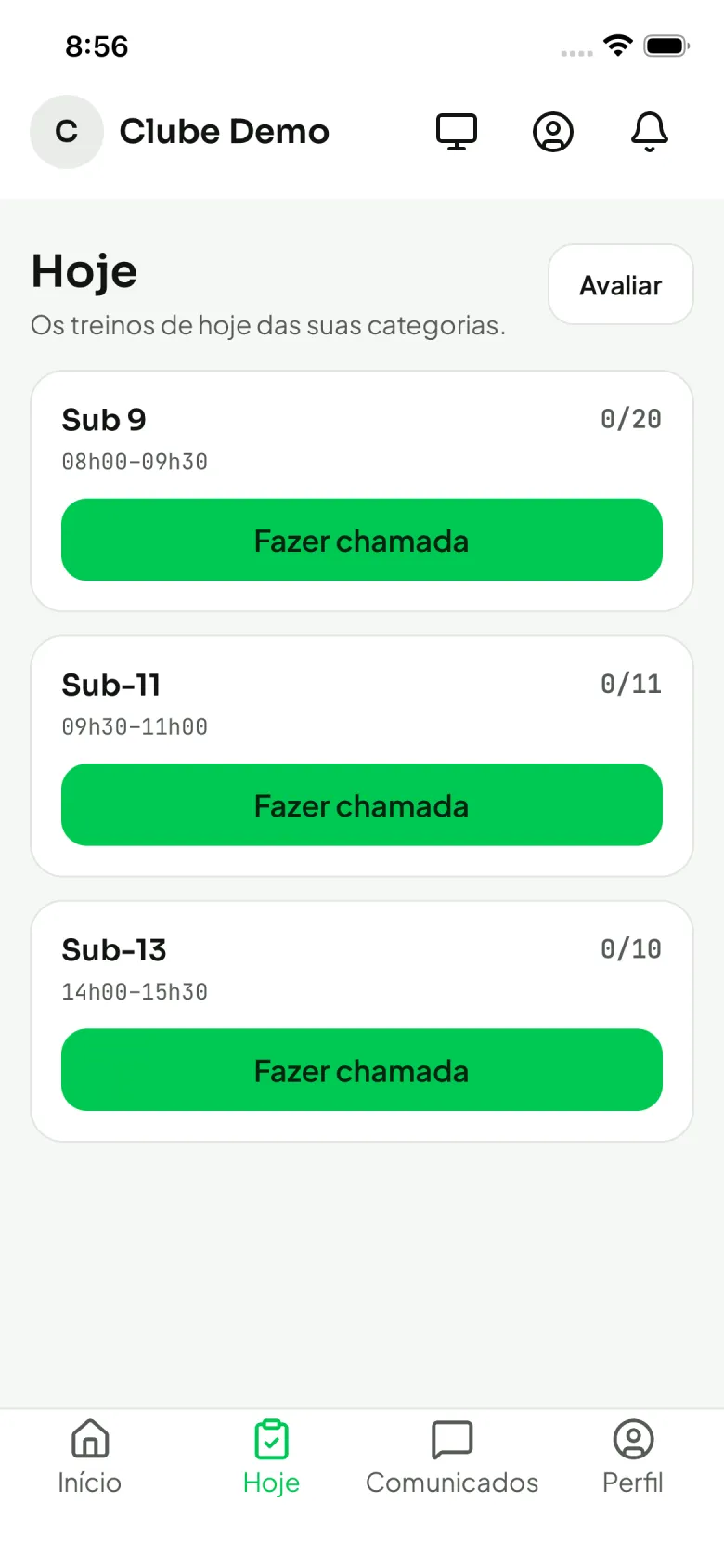 Aplicativo Perfforma no celular mostrando os treinos do dia, com dados de demonstração